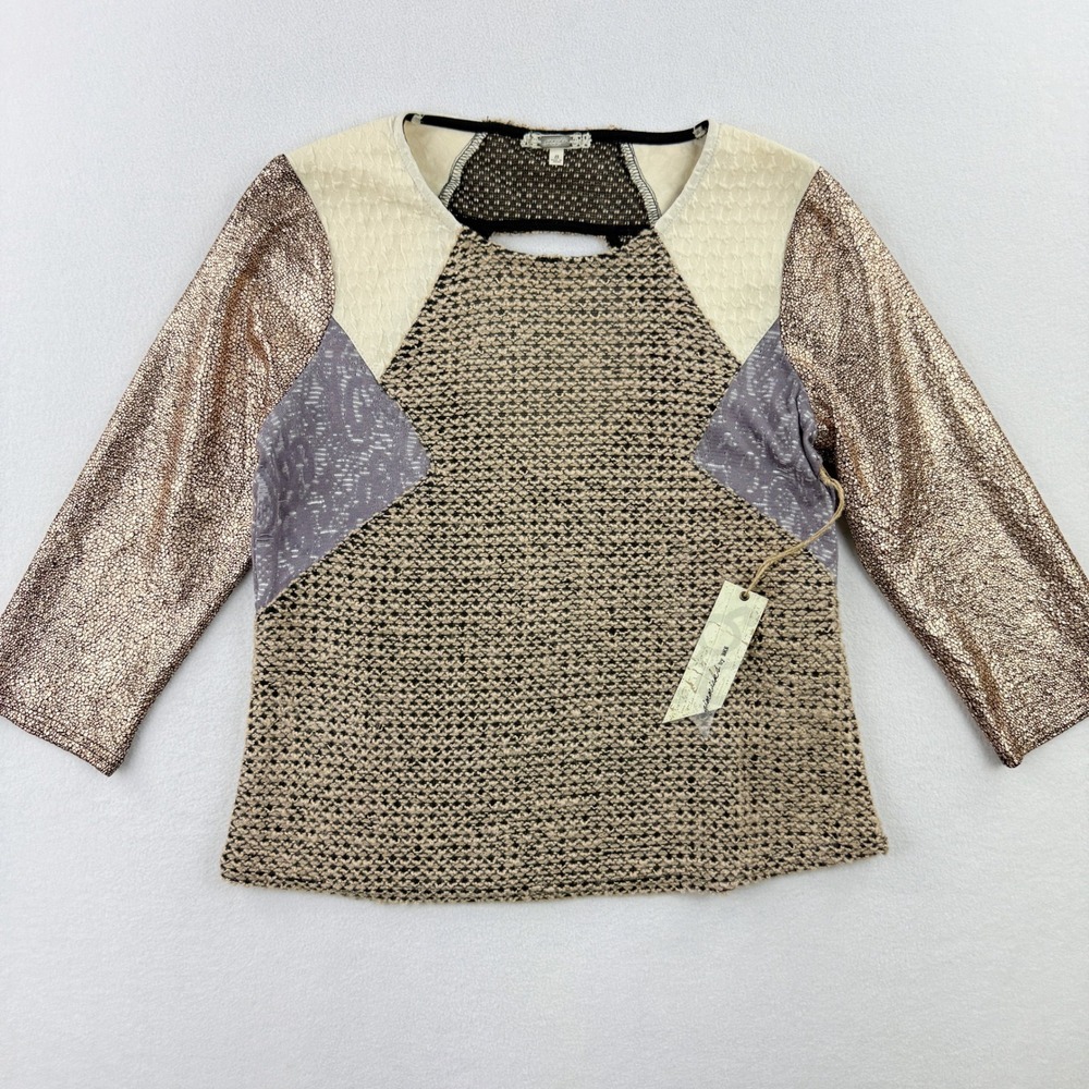 BDE GIMMICKS Tweed Gold Abstract Long Sleeve Top Size S Womens Tan‎ Gold NEW